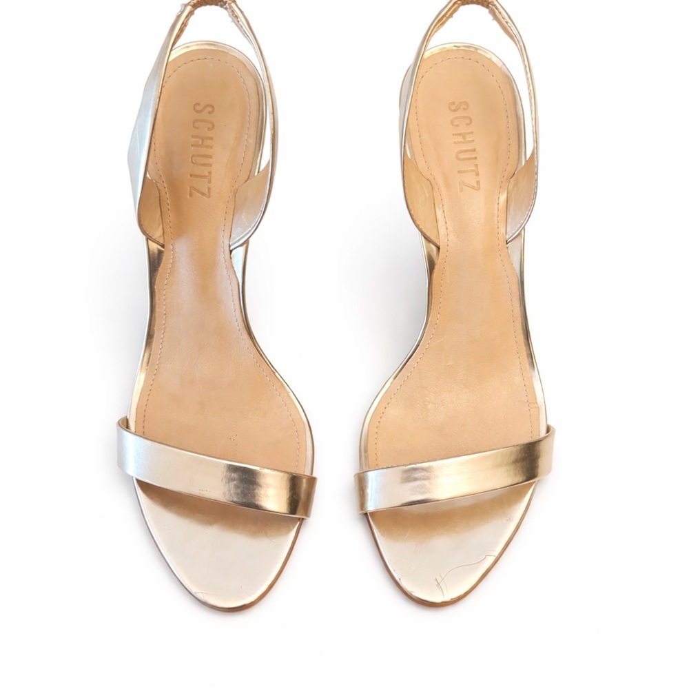 SCHUTZ Metallic Gold Slingback Stiletto Sandals Size 9.5 Minimalist Heel